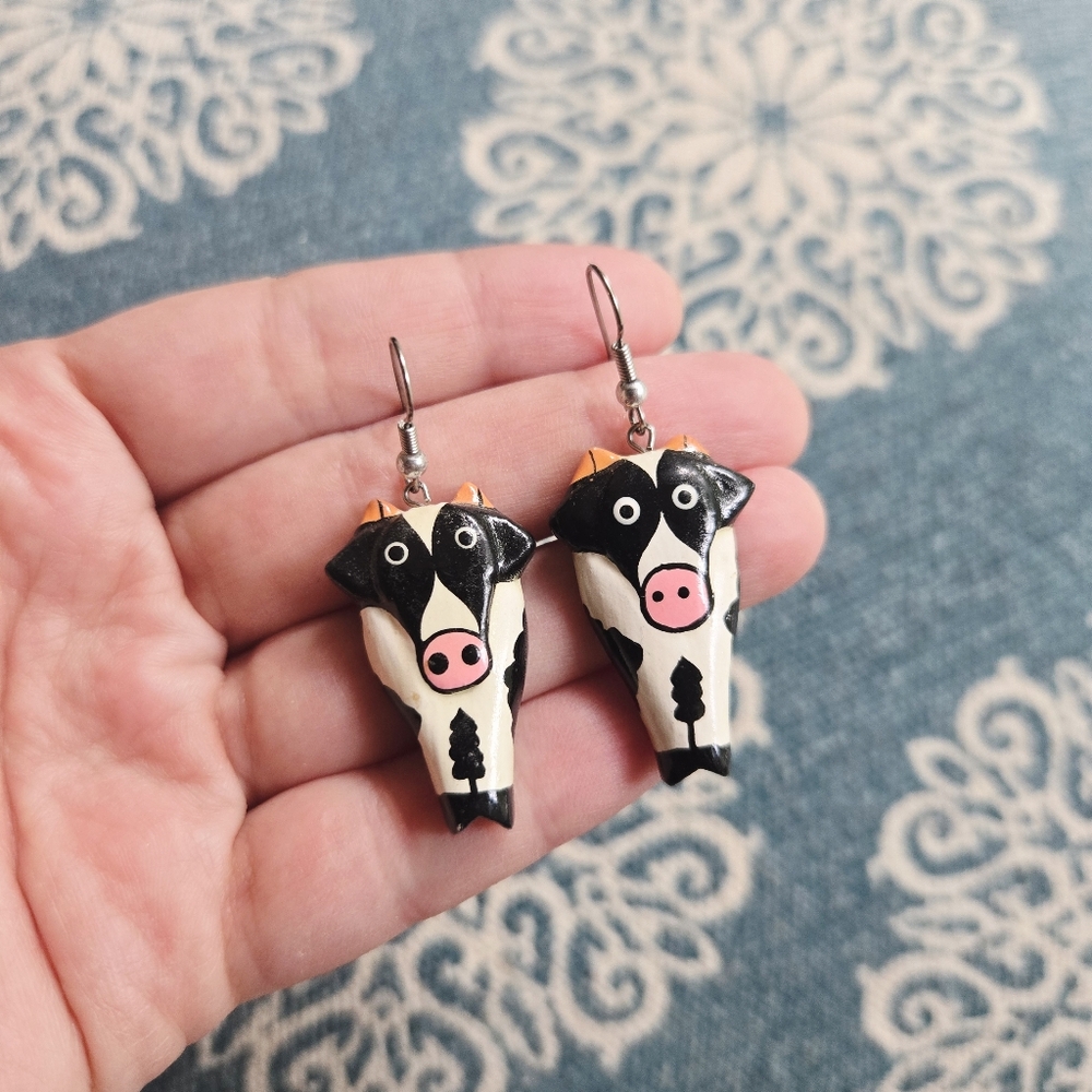 Vintage Handpainted Handmade Wooden Cow Dangle Drop Hook Earrings